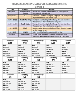 Copy of distance learning plan for third grade with daily schedule and assignments .  Please click on it for the full document.