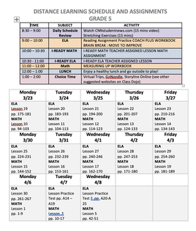 Copy of distance learning plan for fifth grade with daily schedule and assignments .  Please click on it for the full document.