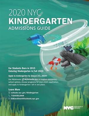 2020 NYC Kindergarten Admission Guide with fishbowl painting and a clickable link the guide's website.