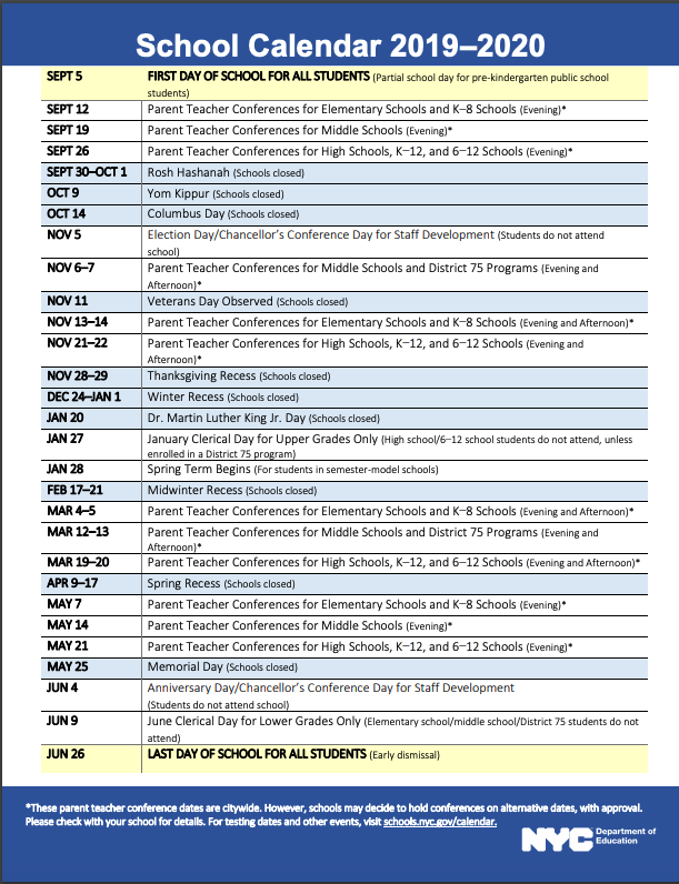 2019-2020 school calendar with a link provided to the NYCDOE website with calendars in other languages.